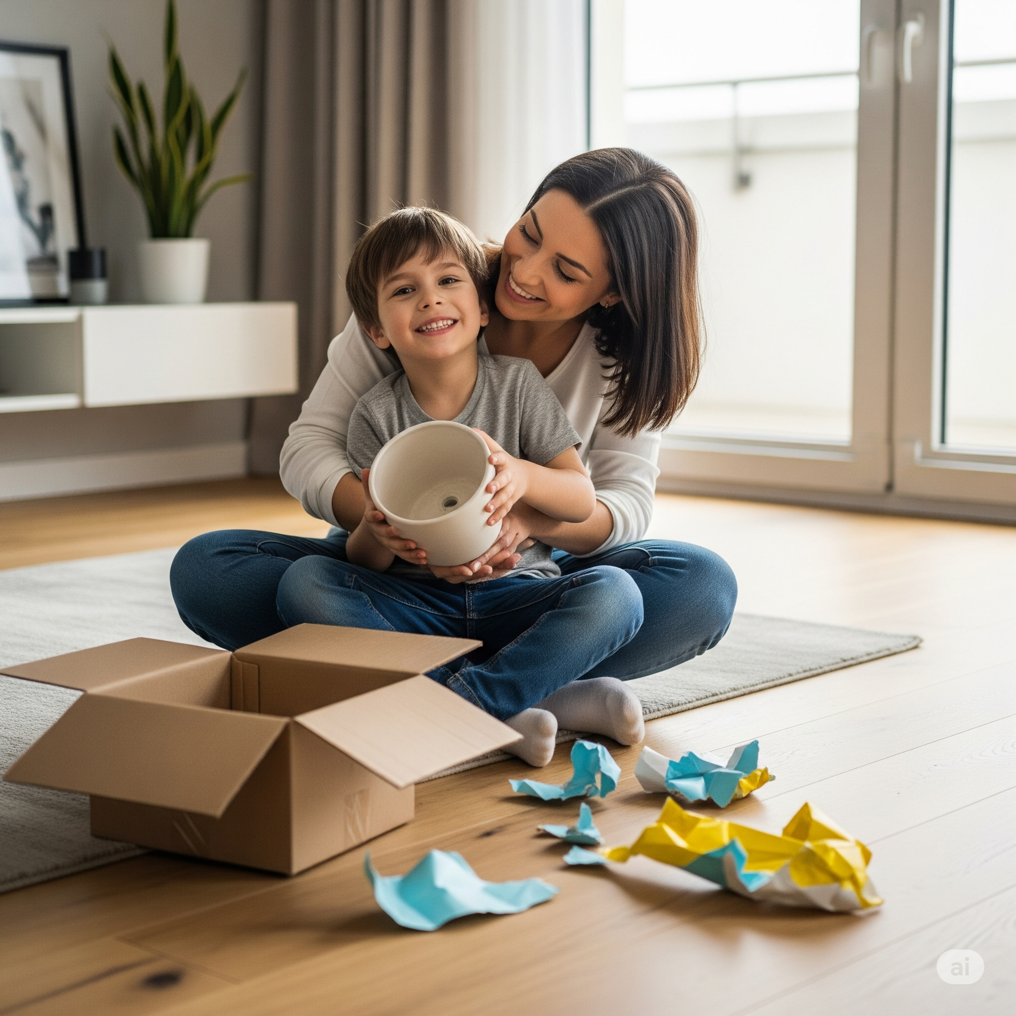 Woman and child sitting on the floor with cardboard boxes and tissue paper in a home setting