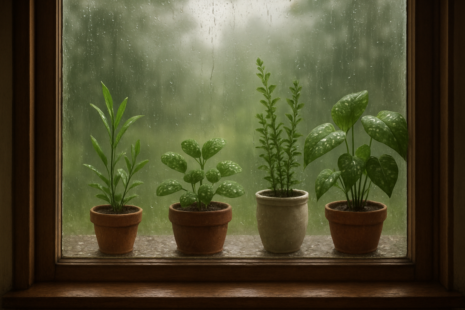 A WINDWOWE WITH POT AND PLANTS OUTSIDE THERS RAIN