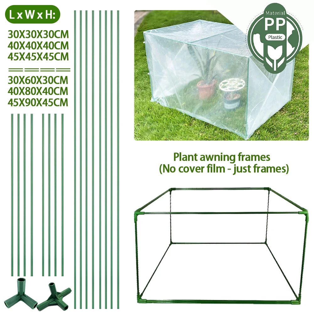 Plant awning frames with dimensions and material information on a white background
