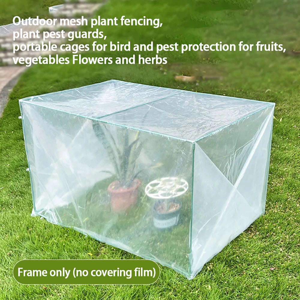 Outdoor mesh plant fencing on a grassy area with text describing its use.
